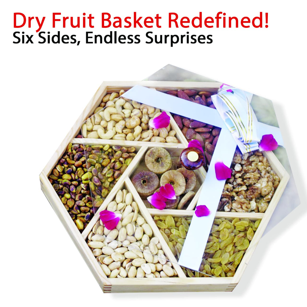 Hexagonal - Shaped Dry Fruits Basket with Seven Sections - Almonds , Cashews , Pistachios, Peeled Peanuts , Walnuts , Mixed Nuts , and Golden Raisins - A Nutty Delight Share with your Family