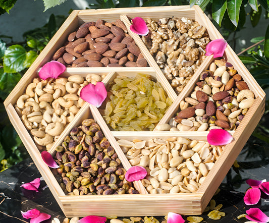 Hexagonal - Shaped Dry Fruits Basket with Seven Sections - Almonds , Cashews , Pistachios, Peeled Peanuts , Walnuts , Mixed Nuts , and Golden Raisins - A Nutty Delight Share with your Family