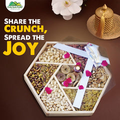 Hexagonal - Shaped Dry Fruits Basket with Seven Sections - Almonds , Cashews , Pistachios, Peeled Peanuts , Walnuts , Mixed Nuts , and Golden Raisins - A Nutty Delight Share with your Family