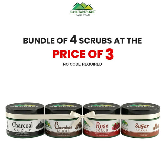 Bundle Of 4 Scrubs At The Price Of 3 / Charcoal Scrub / Chocolate Scrub / Rose Scrub / Sugar Scrub - ChiltanPure