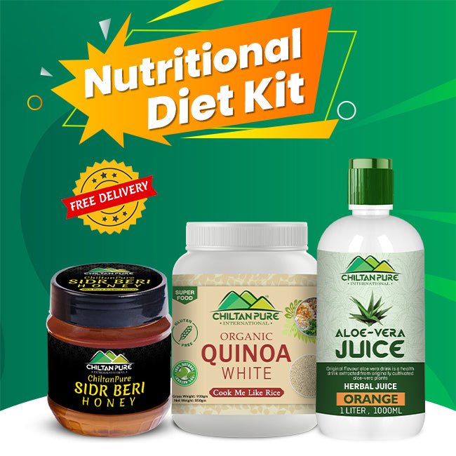 Nutritional Diet Kit – Aloe Vera Juice(Orange Flavor), Quinoa White, Sidr Beri Honey, Walnut Powder & Sesame Powder - ChiltanPure